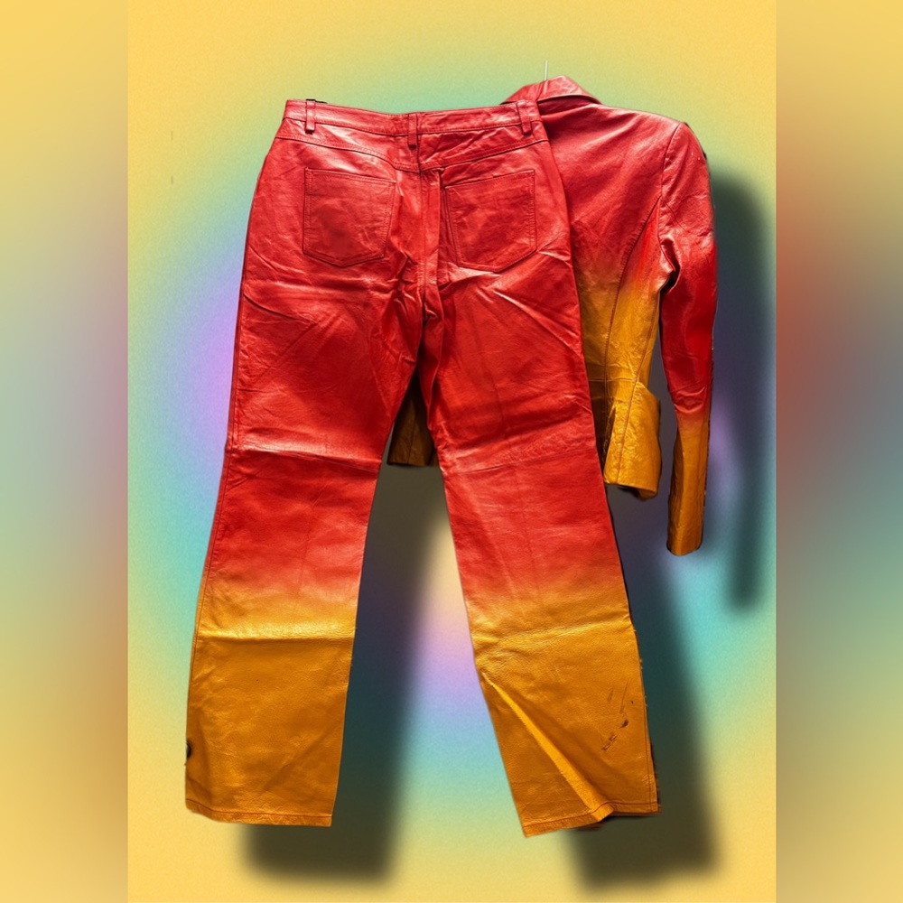 Vintage 90’s Red & Yellow Two Toned Leather Matching Two Piece Jacket and Pants